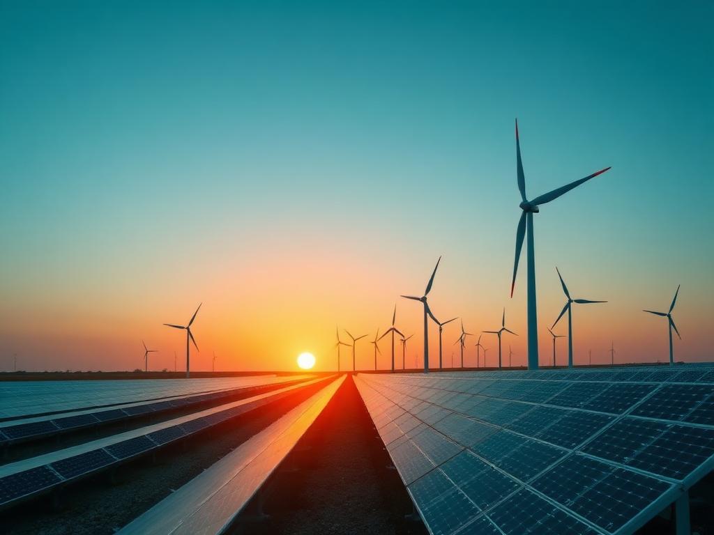 Solar panels and wind turbines at sunrise